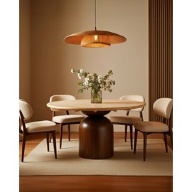 Séraphis - table salle à manger ronde avec plateau travertin bois de manguier