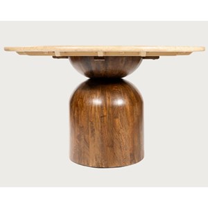 Séraphis - table salle à manger ronde avec plateau travertin bois de manguier