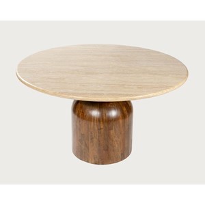 Séraphis - table salle à manger ronde avec plateau travertin bois de manguier