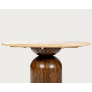 Séraphis - table salle à manger ronde avec plateau travertin bois de manguier