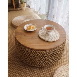 Yuda - grand table basse en bois de teck massif et tissage banane avec rangement