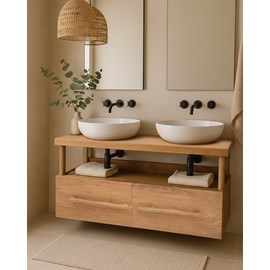 Névia - meuble salle de bain en teck avec étagère en verre 140 cm