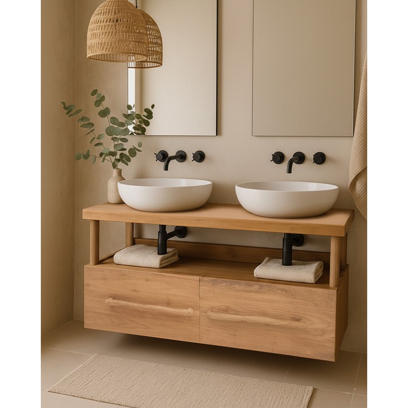 Névia - meuble salle de bain en teck avec étagère en verre 140 cm