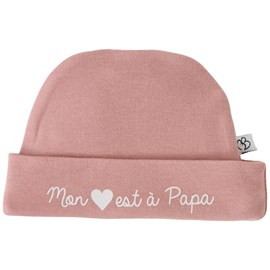 Bonnet de naissance doublé pur coton mon cœur est à papa rose thé