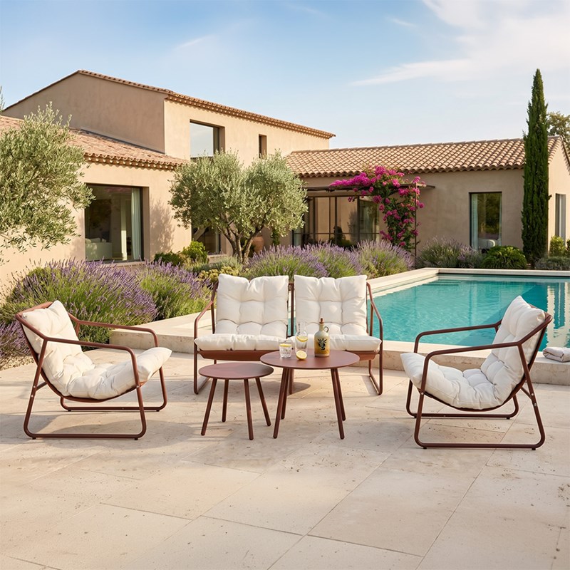Atrani salon de jardin 4 places terracotta et beige avec tables basses