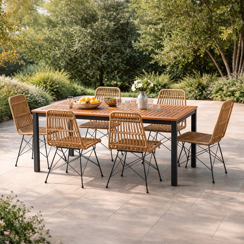 Bago salon de jardin 6 places avec table en bois naturel et chaises en résine tr