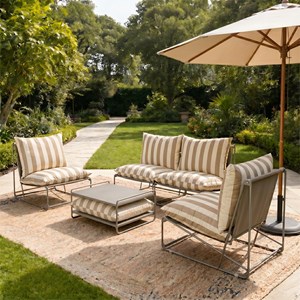 Andria salon de jardin 4 places à rayures taupe et beige avec table basse