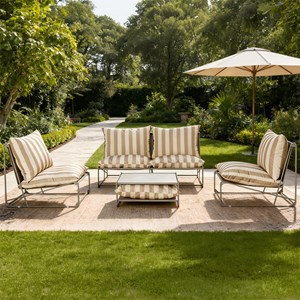 Andria salon de jardin 4 places à rayures taupe et beige avec table basse