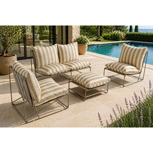 Andria salon de jardin 4 places à rayures taupe et beige avec table basse