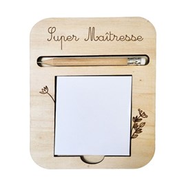 Support en bois post-it et crayon