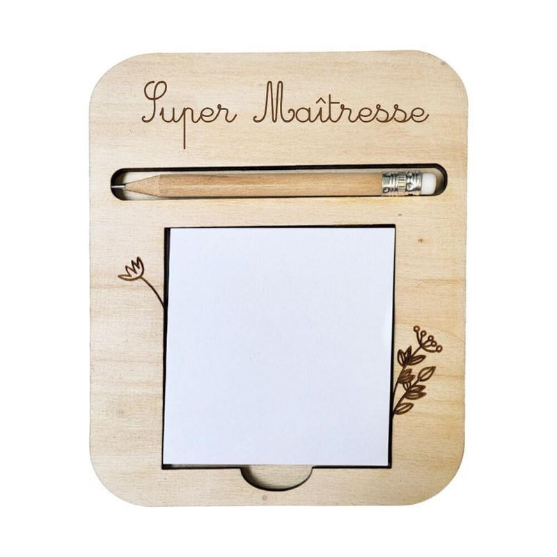 Support en bois post-it et crayon