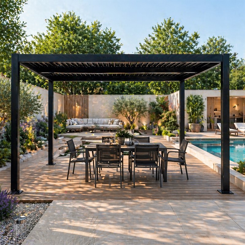 Concept Usine - Rhodes pergola bioclimatique structure et lames orientables en aluminium noir 4x