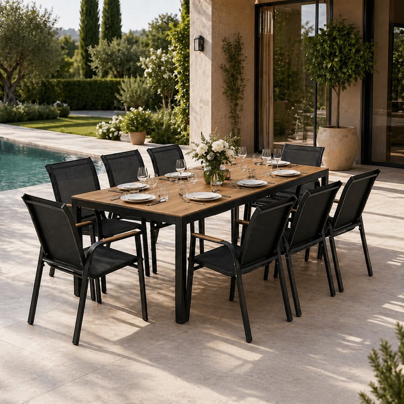 Esperance salon de jardin 8 places avec table 190cm effet bois