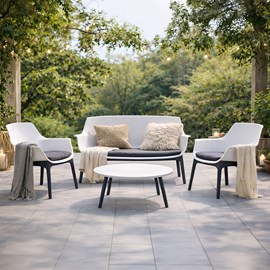 Izmir salon de jardin 4 places blanc avec table basse