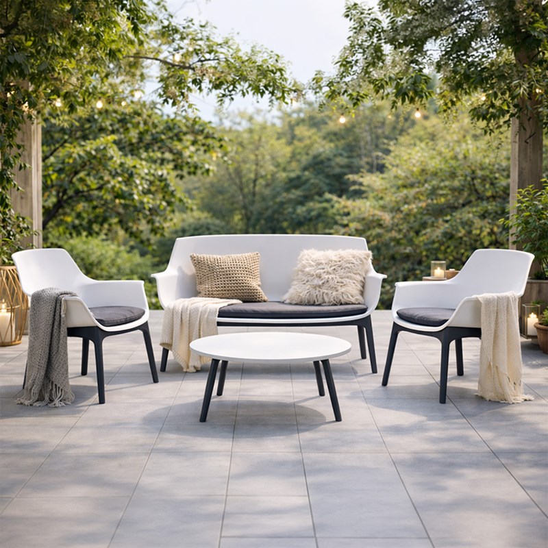 Izmir salon de jardin 4 places blanc avec table basse