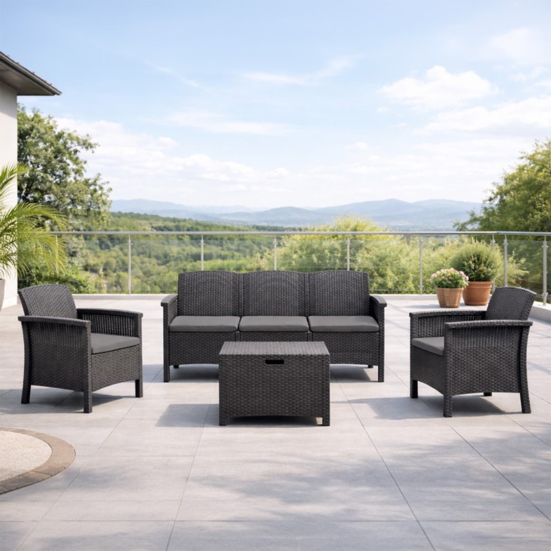 Maniza salon de jardin 5 places effet résine tressée gris anthracite avec table
