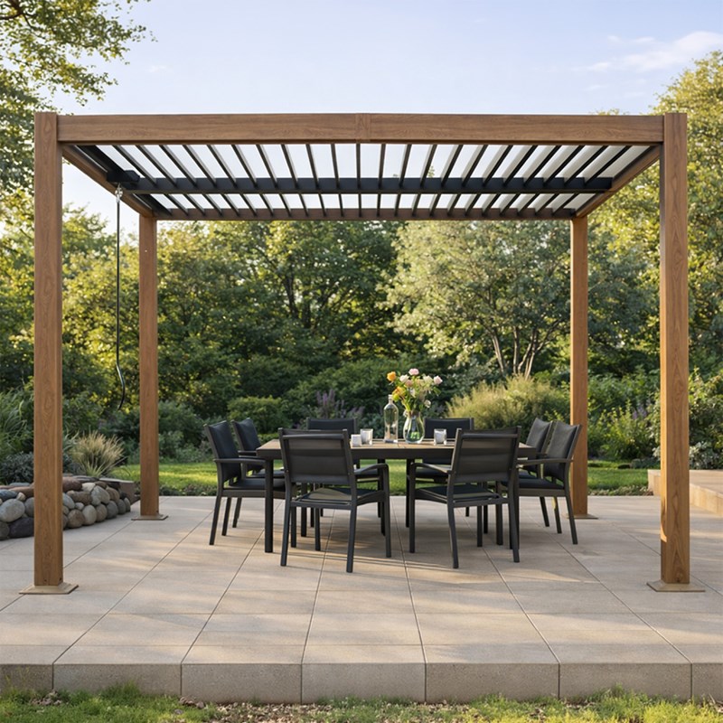 Concept Usine - Corfu pergola bioclimatique structure aluminium effet bois lames orientables 3x3