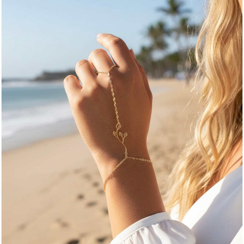Bijoux de main, bracelet bague, branche avec feuilles fines, plaqué or 14 k