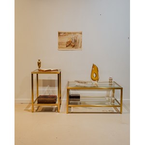 Table basse et sellette en verre et laiton doré n°961