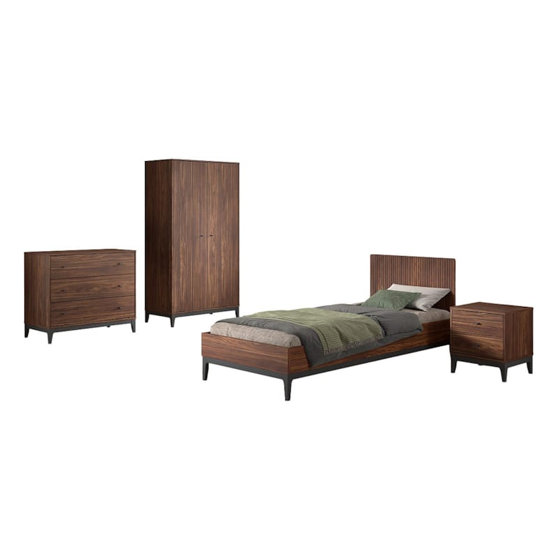 Ensemble chambre ilyas lit 90x200 + chevet + armoire 2 portes + commode