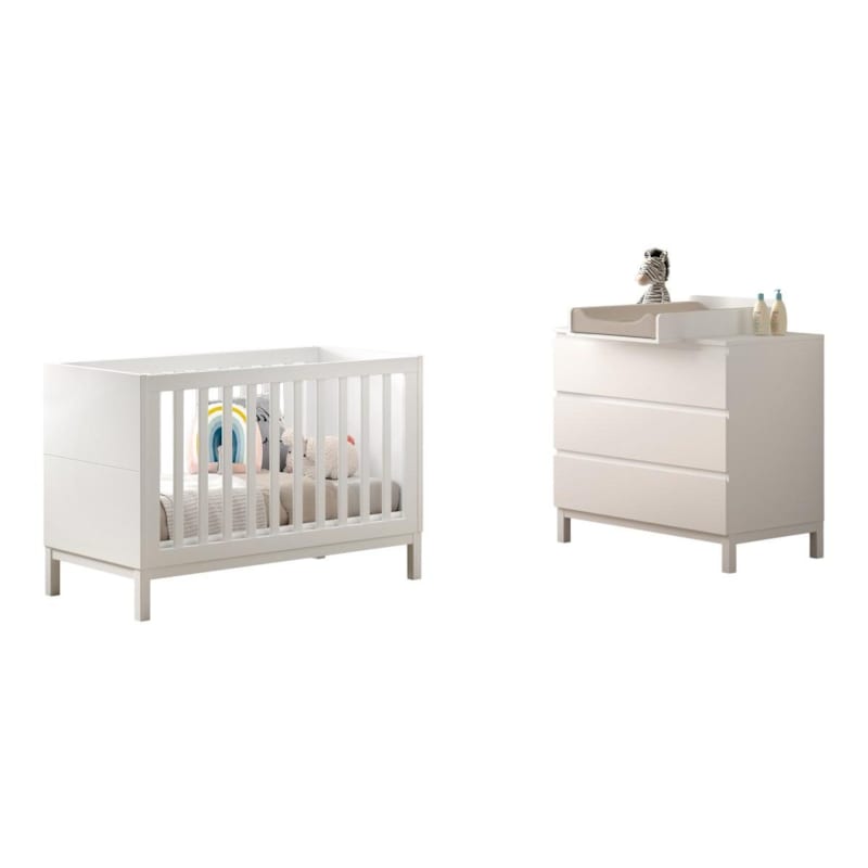 Ensemble chambre eva lit bébé 60x120 + commode + plan à langer blanc