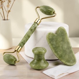 Trio jade vert gua sha + roller + champi masseurs visage