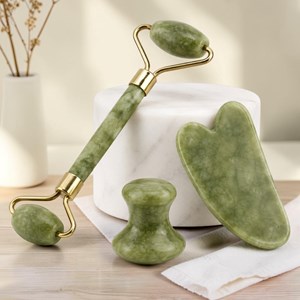 Trio jade vert gua sha + roller + champi masseurs visage