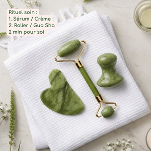 Trio jade vert gua sha + roller + champi masseurs visage