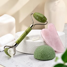 Duo roller jade vert + gua sha quartz rose + konjac offert
