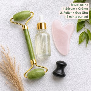 Trio gua sha quartz rose + roller jade + champi serpentine