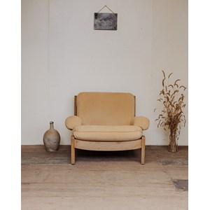 Fauteuil en chêne et tissu beige n°946