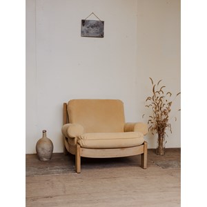 Fauteuil en chêne et tissu beige n°946