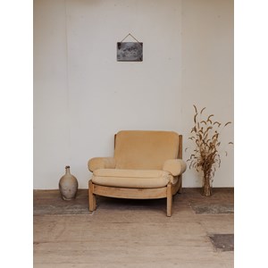 Fauteuil en chêne et tissu beige n°946
