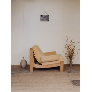 Fauteuil en chêne et tissu beige n°946