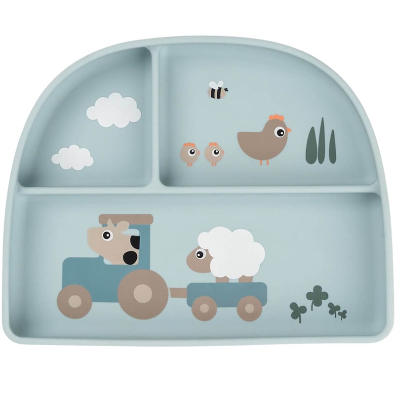 Done By Deer - Assiette à compartiments ventouse tiny farm bleu