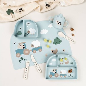 Assiette à compartiments ventouse tiny farm bleu