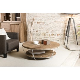 Sixtine - table basse double plateau 100x100cm teck recyclé métal blanc