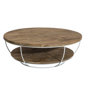 Sixtine - table basse double plateau 100x100cm teck recyclé métal blanc