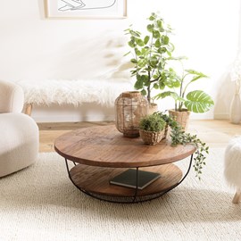 Sixtine - table basse double plateau 100x100cm bois teck recyclé métal noir