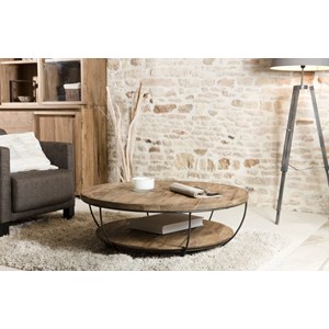 Sixtine - table basse double plateau 100x100cm bois teck recyclé métal noir