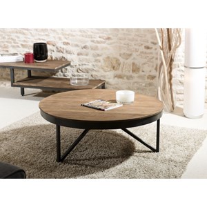 Sixtine - table basse ronde diam90 plateau bois teck recyclé pied noir