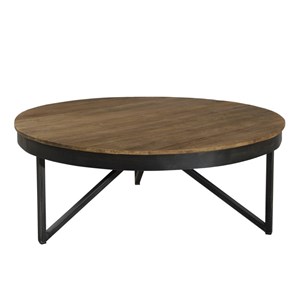 Sixtine - table basse ronde diam90 plateau bois teck recyclé pied noir