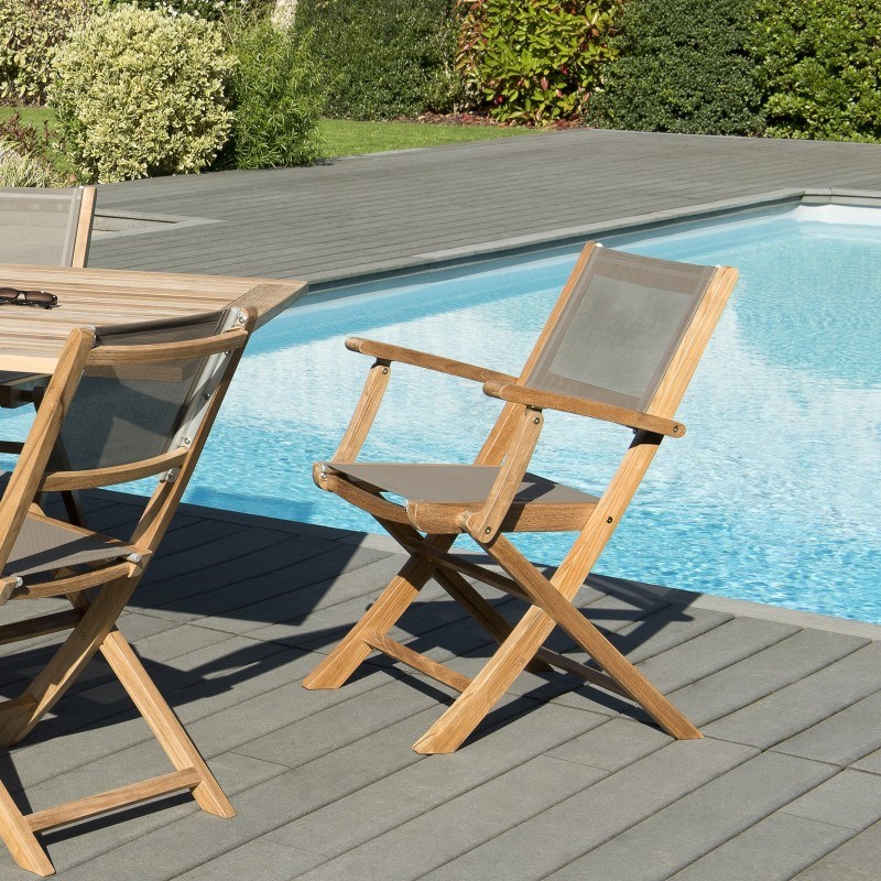 Macabane - Fun - ensemble de 2 fauteuils jardin pliants bois teck et gris
