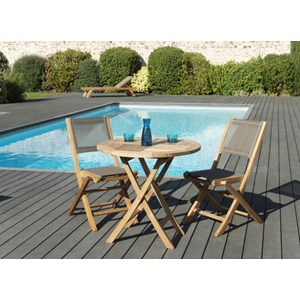 Fun - ensemble de jardin 2 pers. Table bois teck 80cm, 2 chaises gris