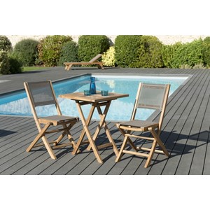 Fun - ensemble de jardin, table en bois teck 60cm et 2 chaises gris
