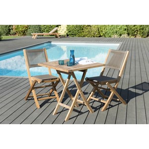Fun - ensemble de jardin table en bois teck 70 cm et 2 chaises grise