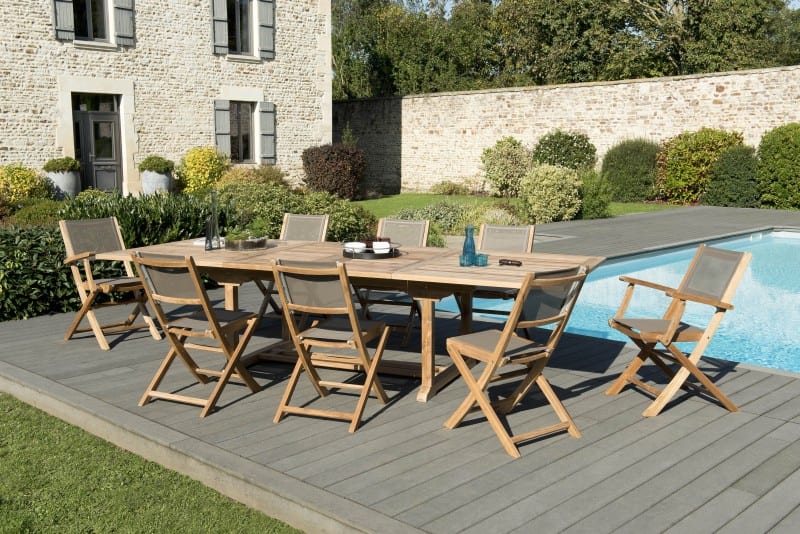  Table de jardin et chaises en teck et textilene 10/12 personnes
