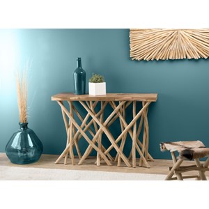 Clara - console plateau rectangulaire bois de teck - pieds bois flotté