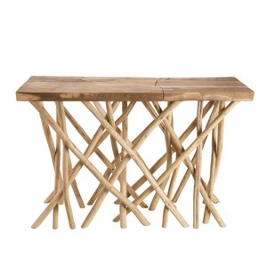 Clara - console plateau rectangulaire bois de teck - pieds bois flotté