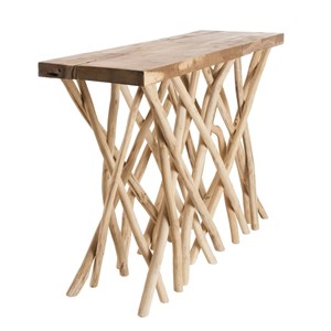Clara - console plateau rectangulaire bois de teck - pieds bois flotté